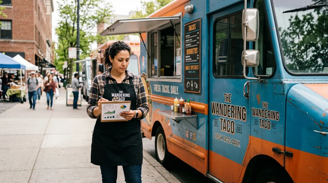 Propriétaire de food truck consultant des graphiques près de son camion, lumière naturelle.