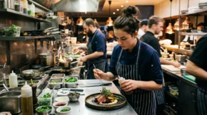 Jeune commis de cuisine dresse une assiette dans une cuisine de restaurant animée.