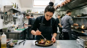 Chef en cuisine professionnelle dressant une assiette, ambiance photo réaliste.