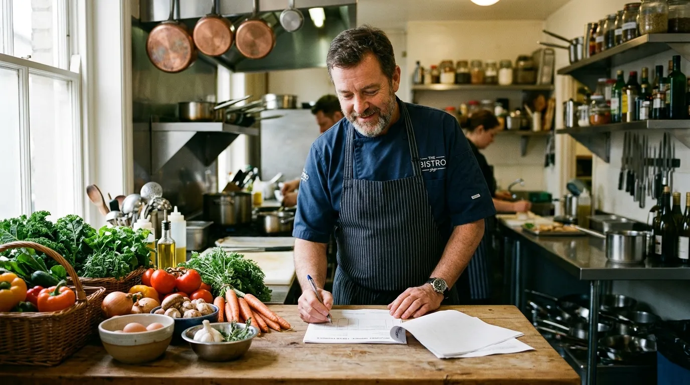 Chef en petite cuisine, consultant des papiers près d’ingrédients frais, style photo.