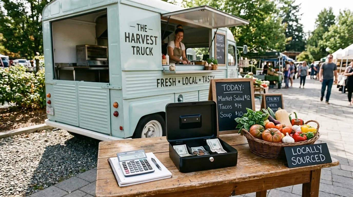 Food truck garé près d’une calculatrice, caisse et ingrédients frais, ambiance budget.