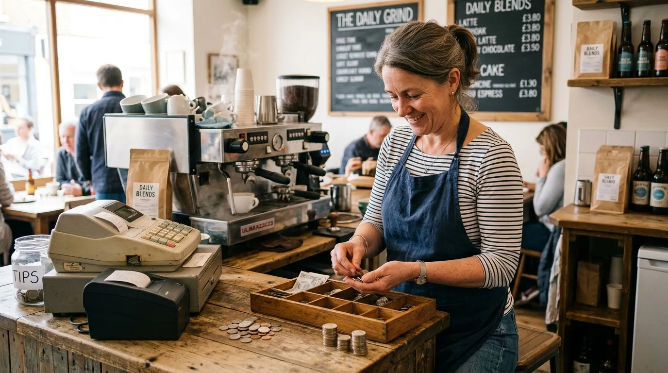 Propriétaire de café comptant des pièces près d'une machine à café, budget serré.
