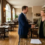 Propriétaire de restaurant serrant la main d’un acheteur dans une salle vide, pour cession.