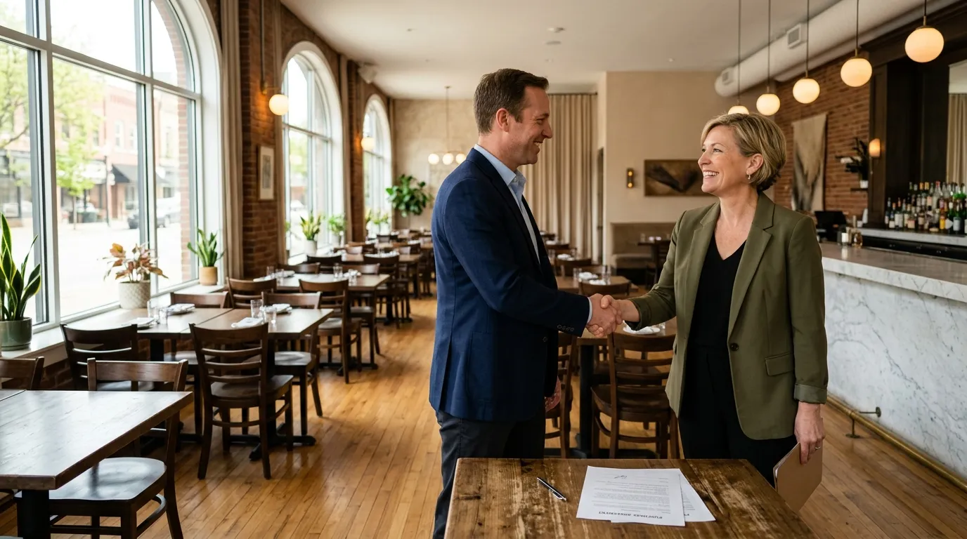 Propriétaire de restaurant serrant la main d’un acheteur dans une salle vide, pour cession.