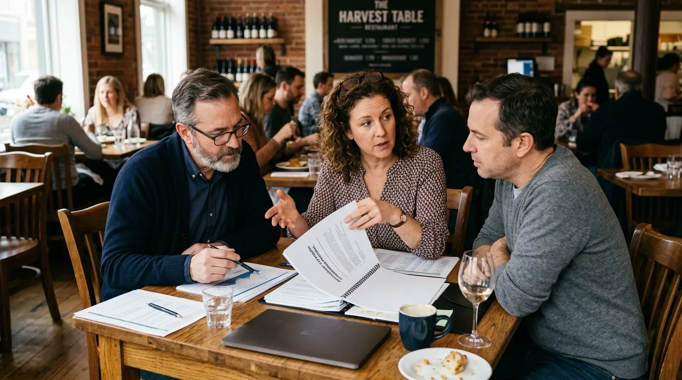 Propriétaires de restaurant discutant de dossiers de financement autour d’une table.