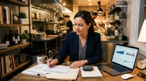 Propriétaire de restaurant consultant des graphiques financiers dans une cuisine-bureau moderne