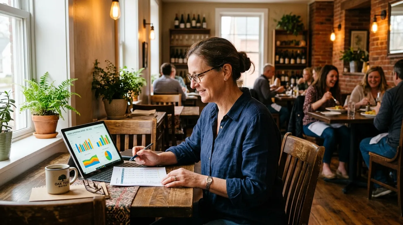 Propriétaire de restaurant examinant des graphiques colorés dans une salle à manger chaleureuse.