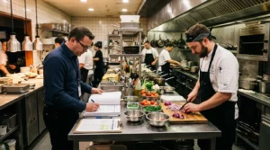 En cuisine, un second prépare des ingrédients tandis qu’un manager lit des papiers.