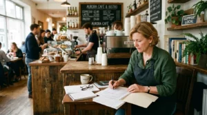 Propriétaire de petit restaurant consultant des documents près d’un comptoir de café.
