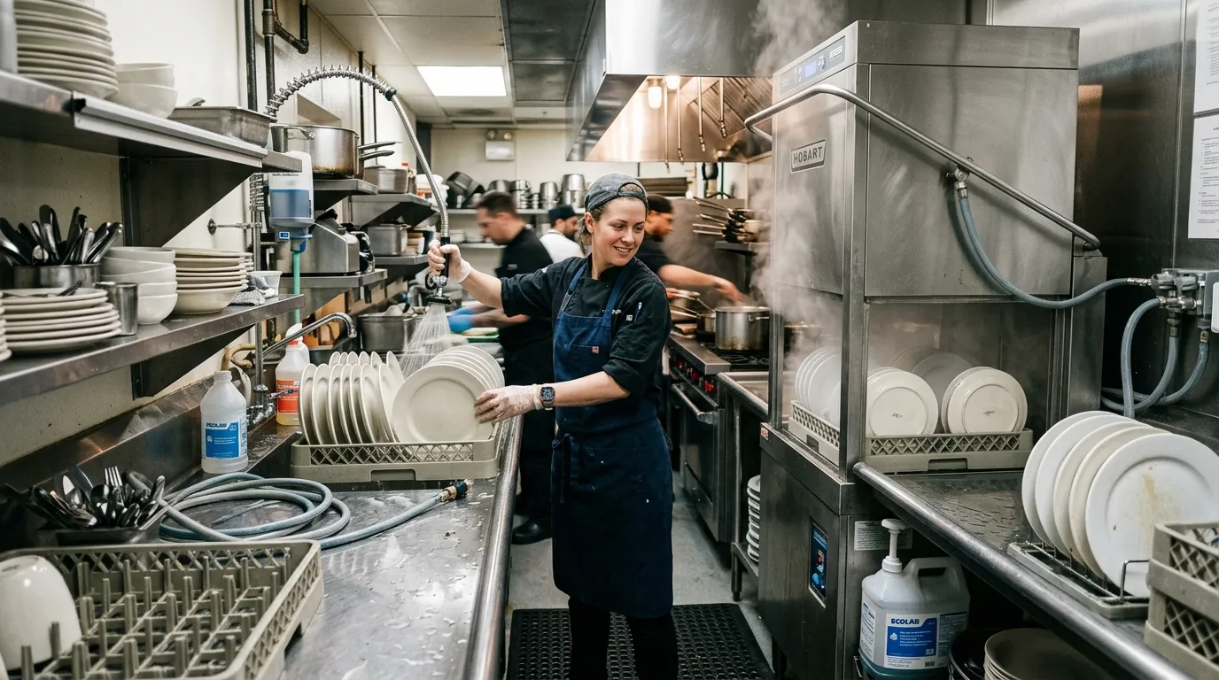 Plongeur en cuisine de restaurant lave des assiettes, ambiance réaliste et animée.