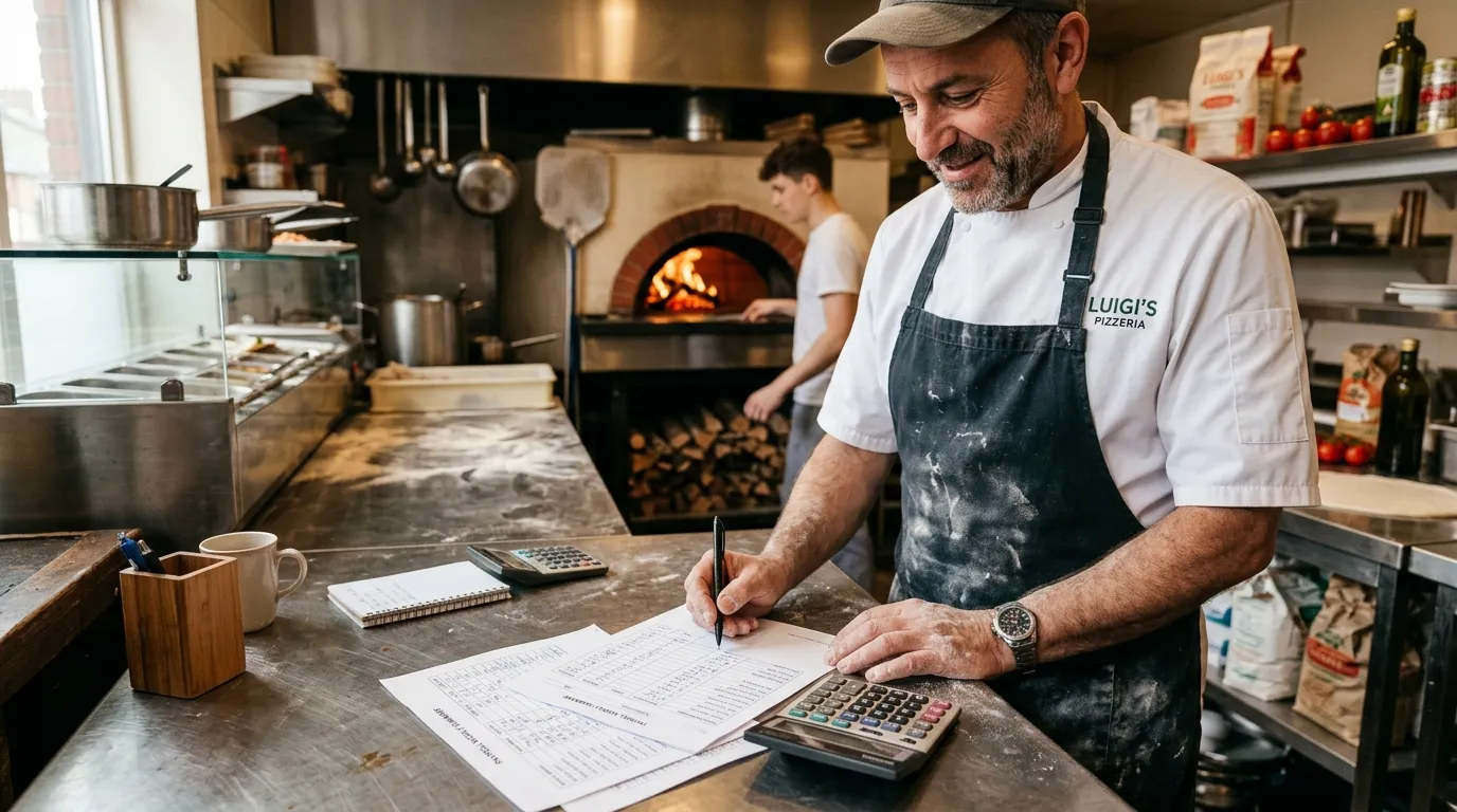 Pizzaiolo en cuisine avec calculatrice et papiers de paie, ambiance réaliste.