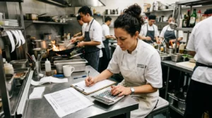 Chef en cuisine de restaurant vérifiant le salaire sur une calculatrice, ambiance réelle.