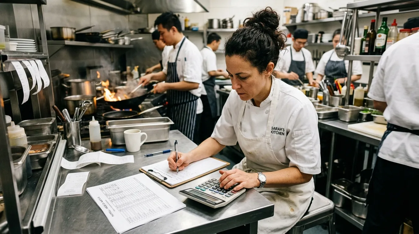 Chef en cuisine de restaurant vérifiant le salaire sur une calculatrice, ambiance réelle.