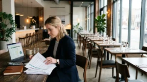 Jeune entrepreneur consultant des papiers de budget dans une salle de restaurant vide.