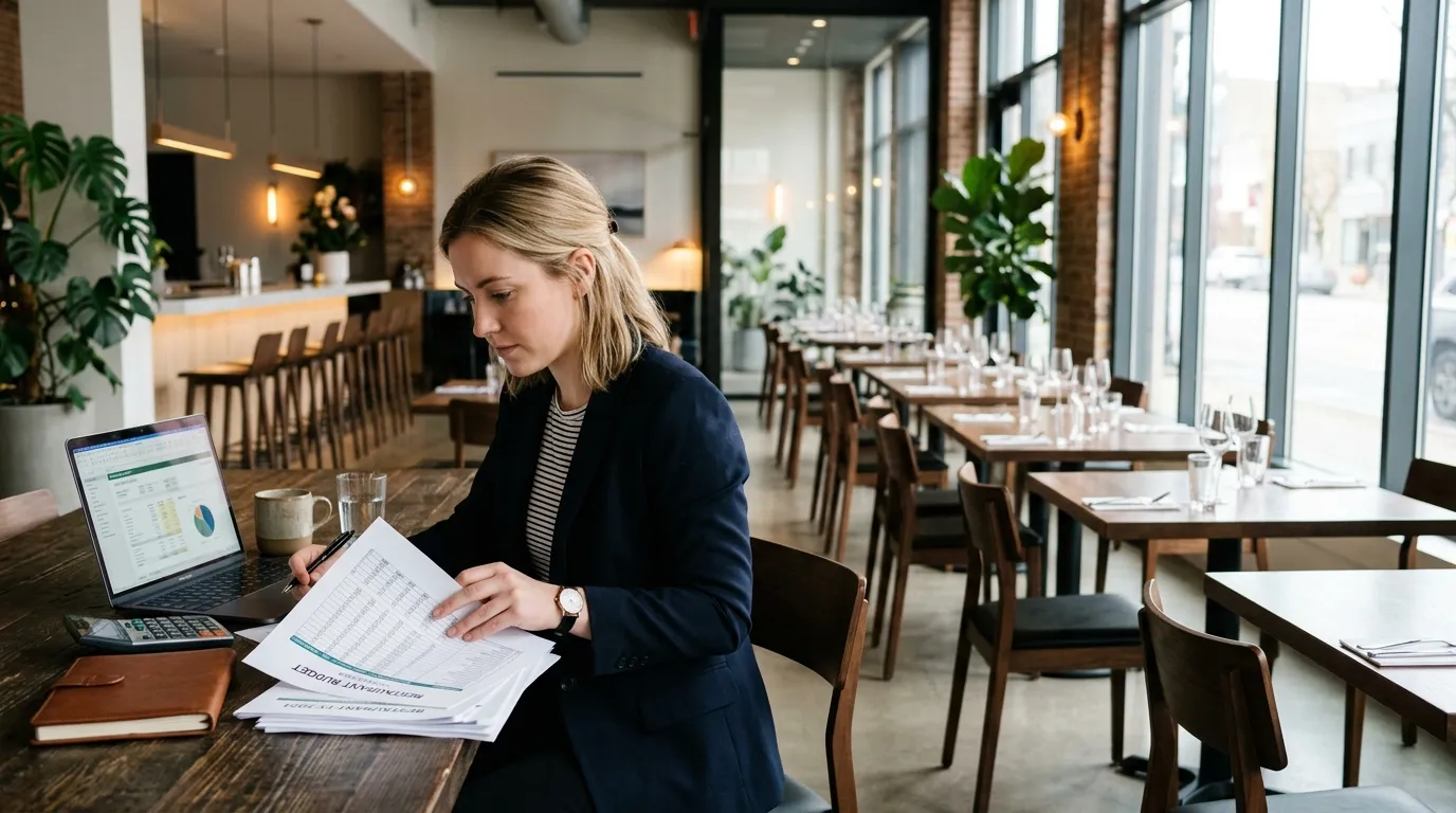 Jeune entrepreneur consultant des papiers de budget dans une salle de restaurant vide.